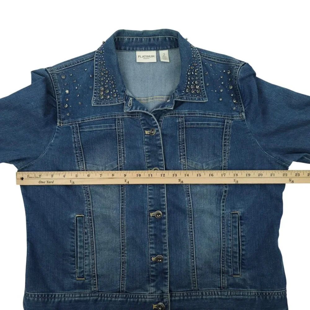 Chicos Platinum Denim Western Jacket Womens 2 US L/12 Rhinestones Long Sleeve - Picture 3 of 16